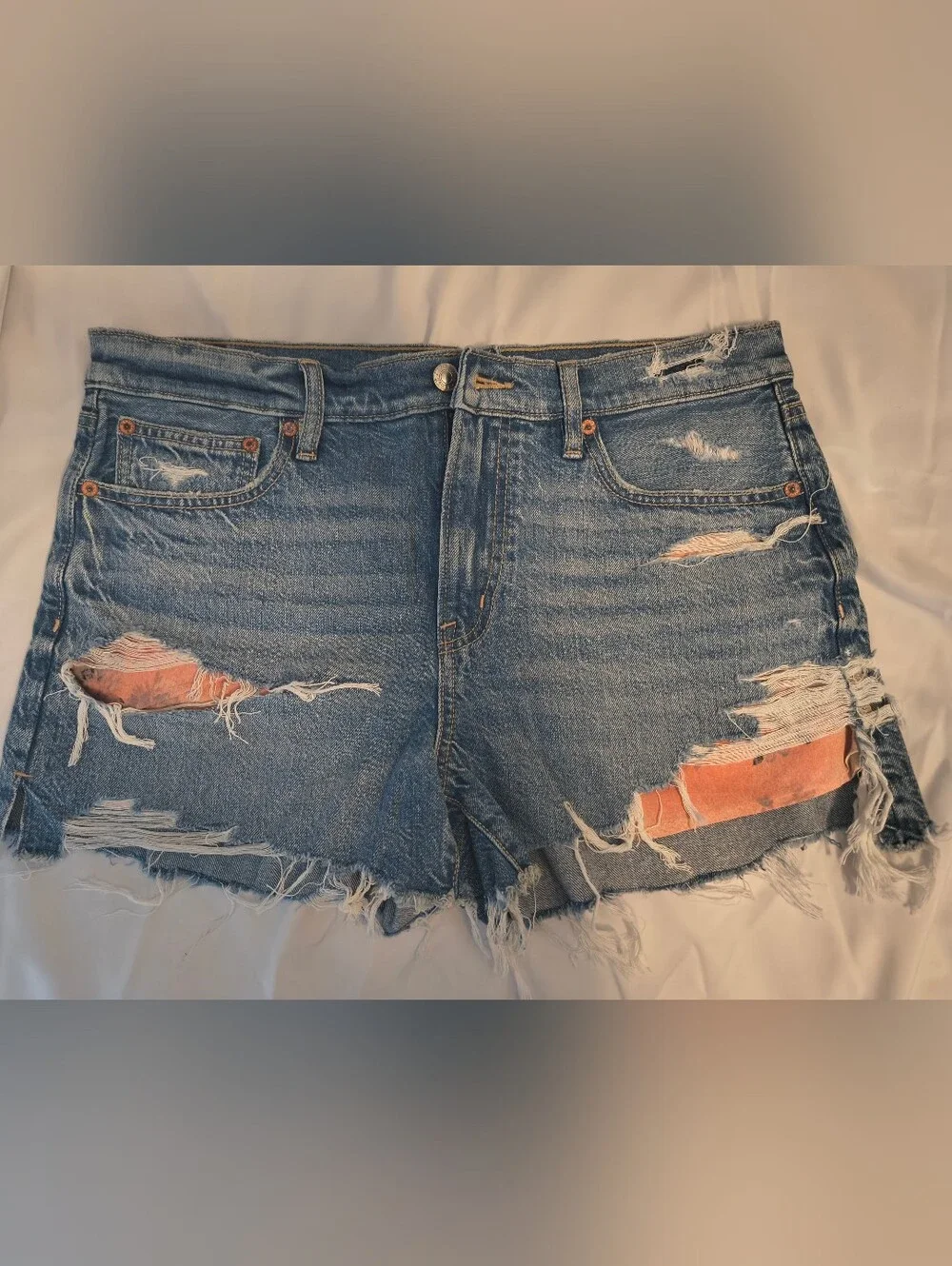American Eagle Outfitters Distressed Blue Denim Jean Shorts with Orange Underlay